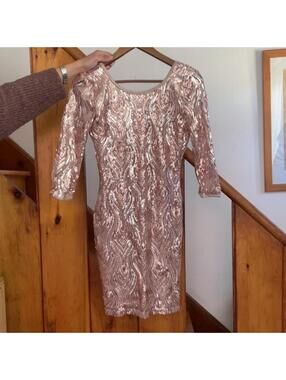 Windsor rose gold sequin dress with 3/4 sleeves and open back. Size S